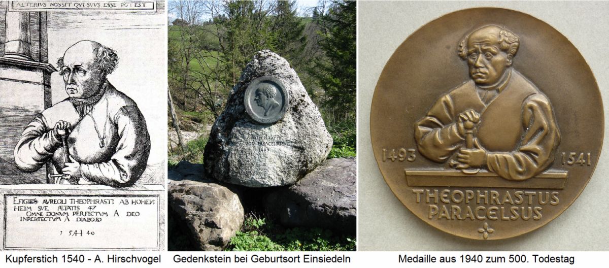 Paracelsus: Kupferstich, Gedenkstein bei Einsiedeln und Gedenkmedaille anlässlich seines 500. Todestages