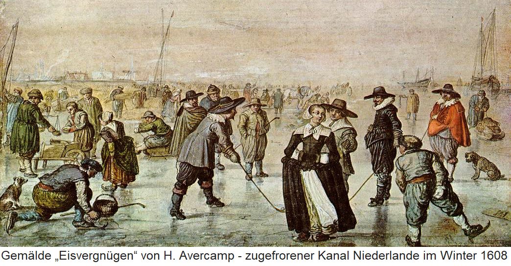 Gemälde „Eisvergnügen“ - zugefrorener Kanal in den Niederlanden im Winter 1608
