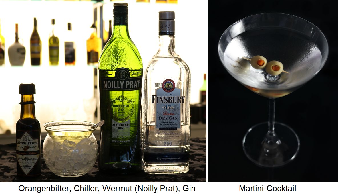 Martini-Cocktail: Orangenbitter, Chiller, Wermut, Gin / Martiniglas mit Oliven