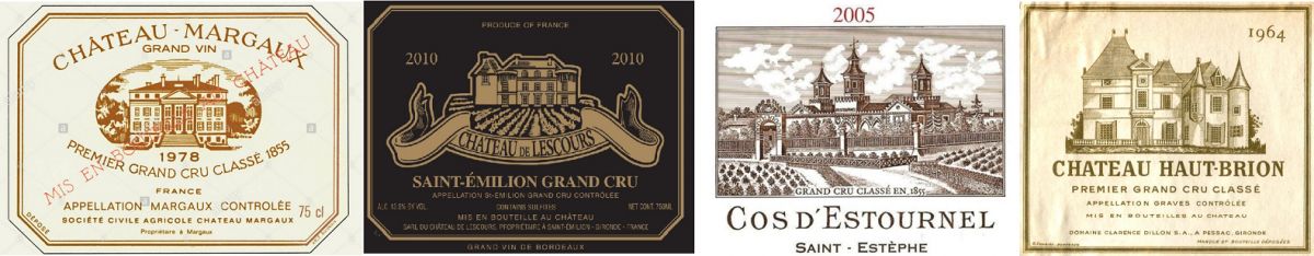 Grand Cru - Etiketten von Château Margaux, Château de Lescours, Cos s’Estournel, Château Haut-Brion