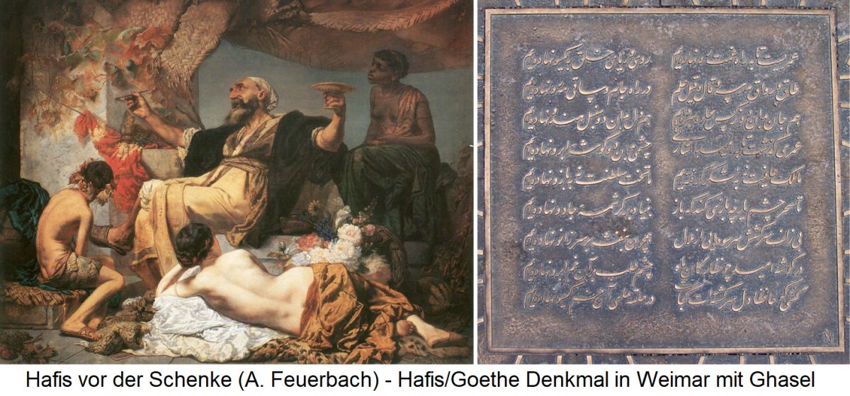  Alkoholverbot -  Hafis vor der Schenke (A. Feuerbach) - Hafis/Goethe Denkmal in Weimar mit Ghasel