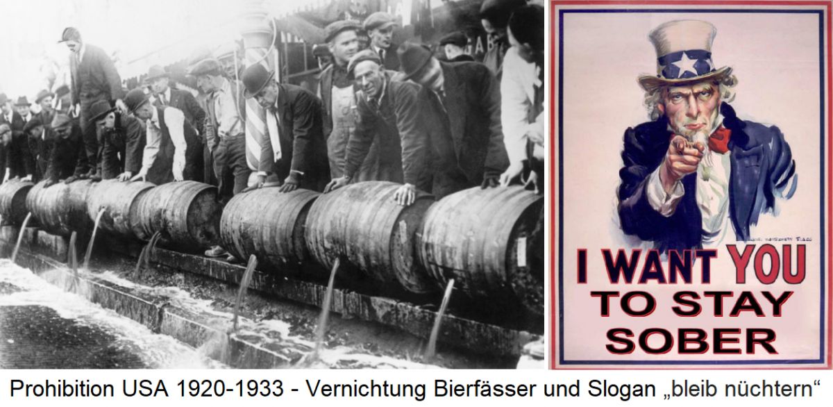 Alkoholverbot - Prohibition USA 1920-1933 - Vernichtung Bierfässer und Slogan „bleib nüchtern“