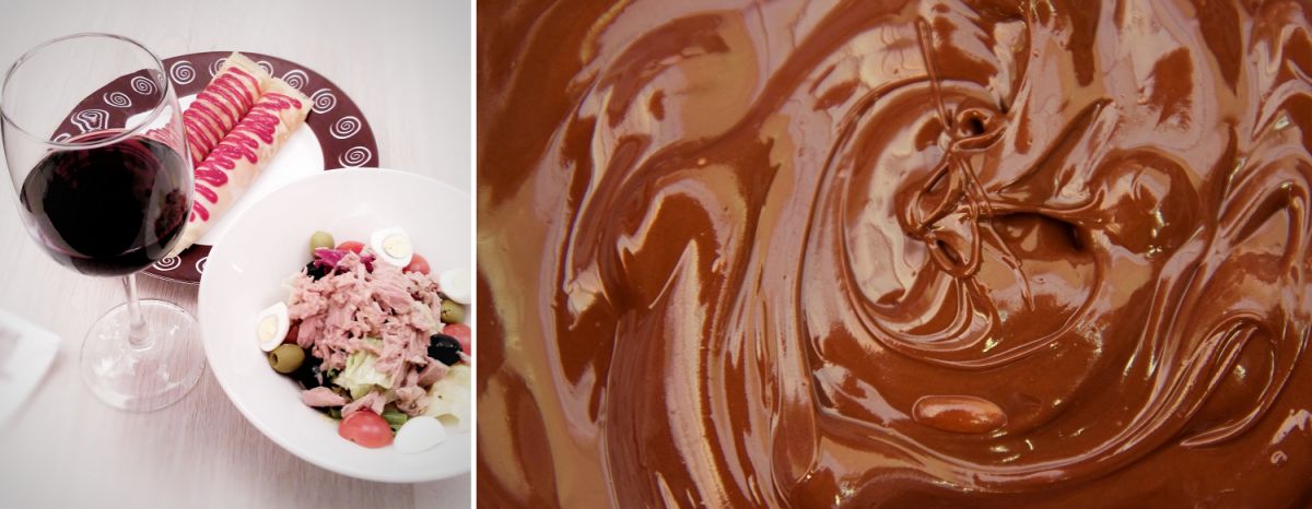 Schokolade - Rotweinglas mit Schokolade und Schokolade-Creme