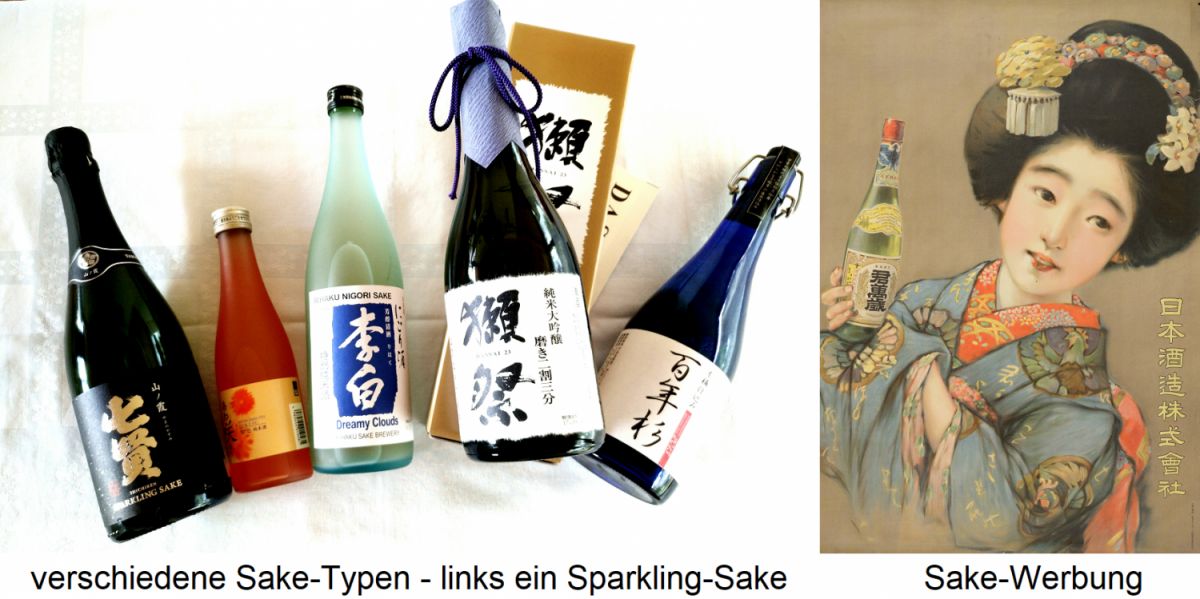Sake - verschiedene Sake-Typen - links ein Sparkling-Sake / Sake-Werbung