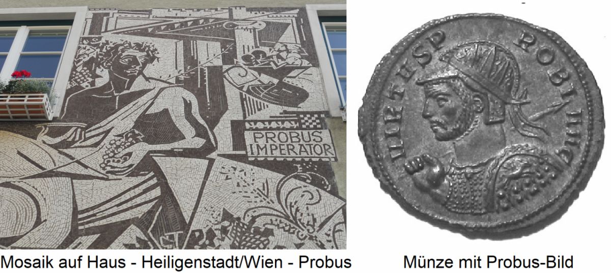 Probus - Mosaik auf Haus in Heiligenstadt/Wien und Münze mit Probus-Bild