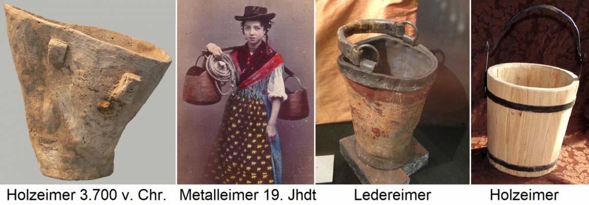Eimer - Holzeimer 3.700 v. Chr., Metalleimer 19. Jhdt, Ledereimer, Holzeimer