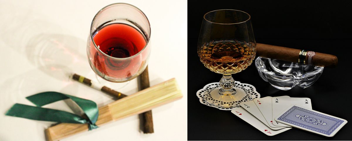 Zigarren - Rotweinglas und Zigarre / Zigarrenbrand und Zigarre