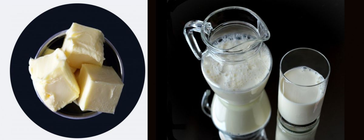 Milchsäurestich - Butter auf Teller und Milchkrug mit Glas
