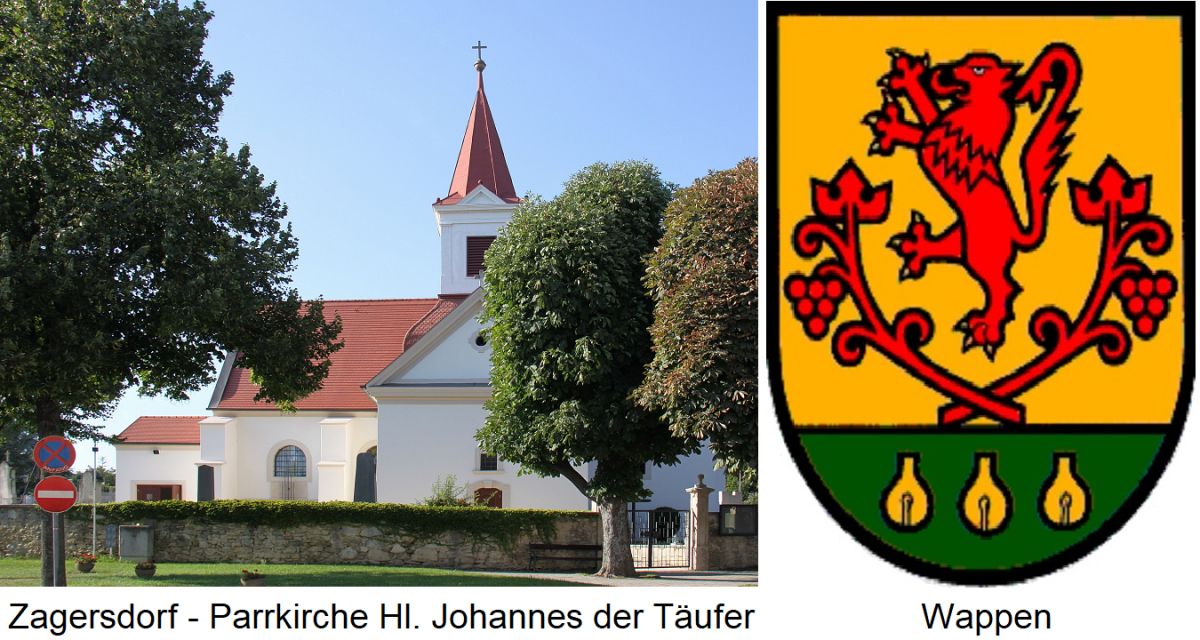 Zagersdorf - Pfarrkirche Hl. Johannes der Täufer und Wappen