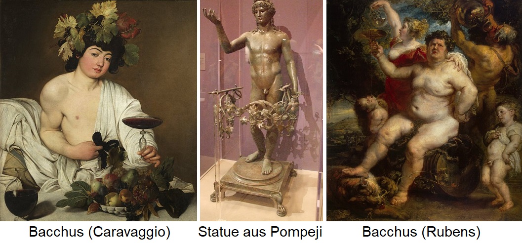 Bacchus - Weingott - Caravaggio, Statue aus Pompeji und Rubens