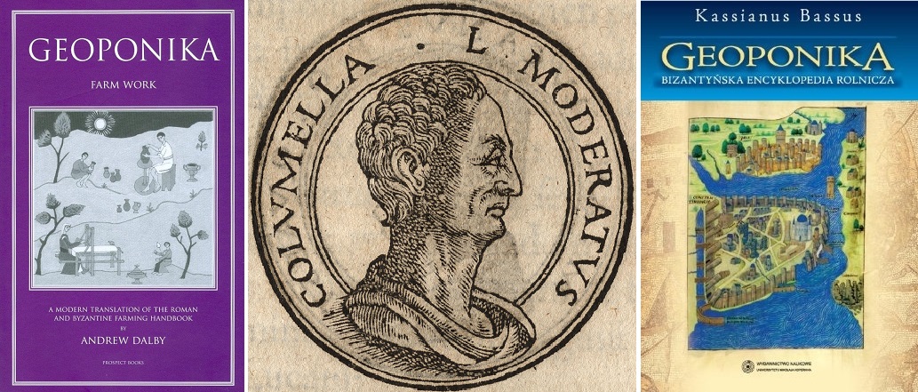 Geoponika - zwei Buchcover und Kopf von Columella