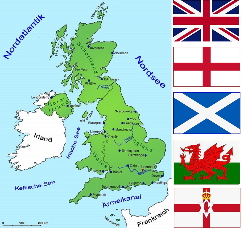 Großbritannien - Landkarte und 5 Flaggen