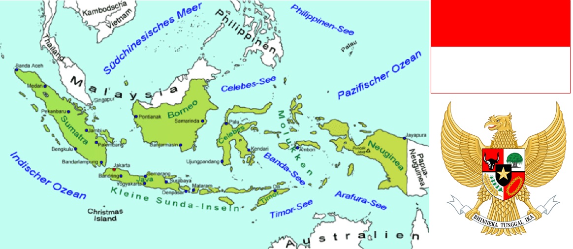 Indonesien - Landkarte, Flagge, Wappen