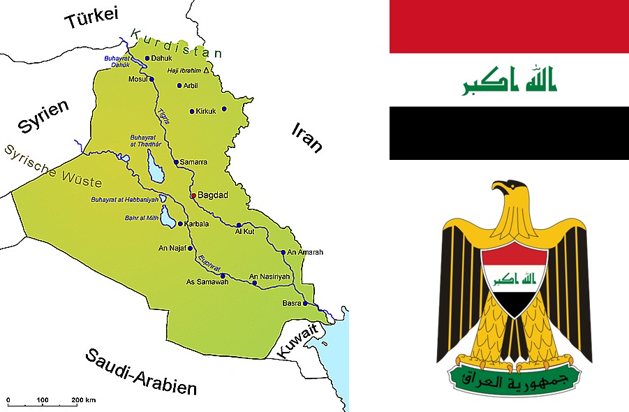 Irak - Landkarte, Flagge, Wappen