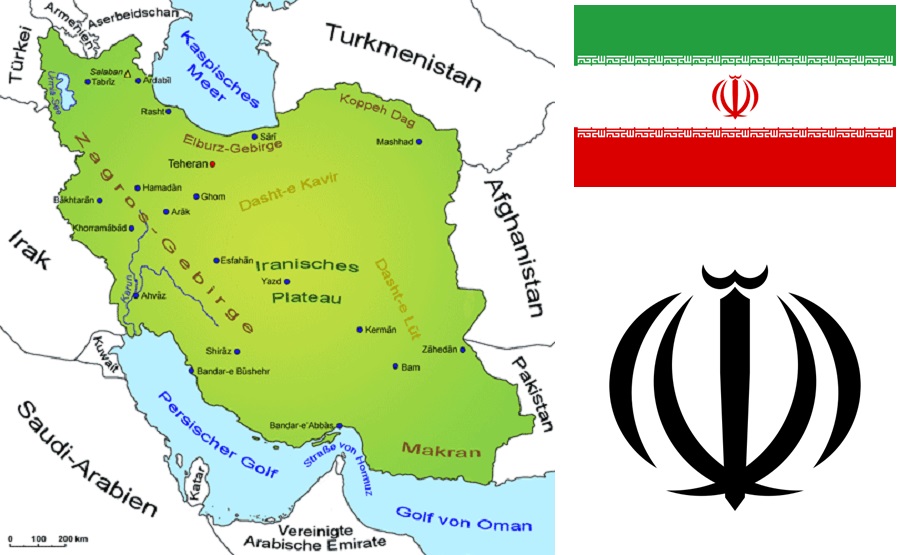 Iran - Landkarte, Flagge, Wappen