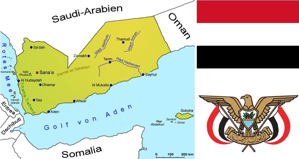 Jemen - Landkarte, Flagge und Wappen