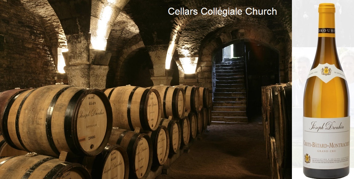 Joseph Drouhin - Cellars Collégiale Church und Flasche