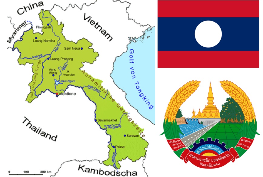 Laos - Landkarte, Flagge, Wappen