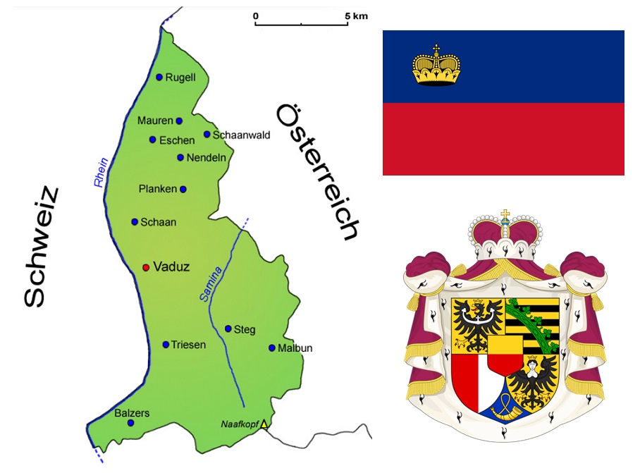 Liechtenstein - Landkarte, Flagge, Wappen