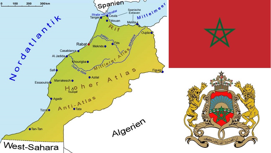 Marokko - Landkarte, Flagge und Wappen