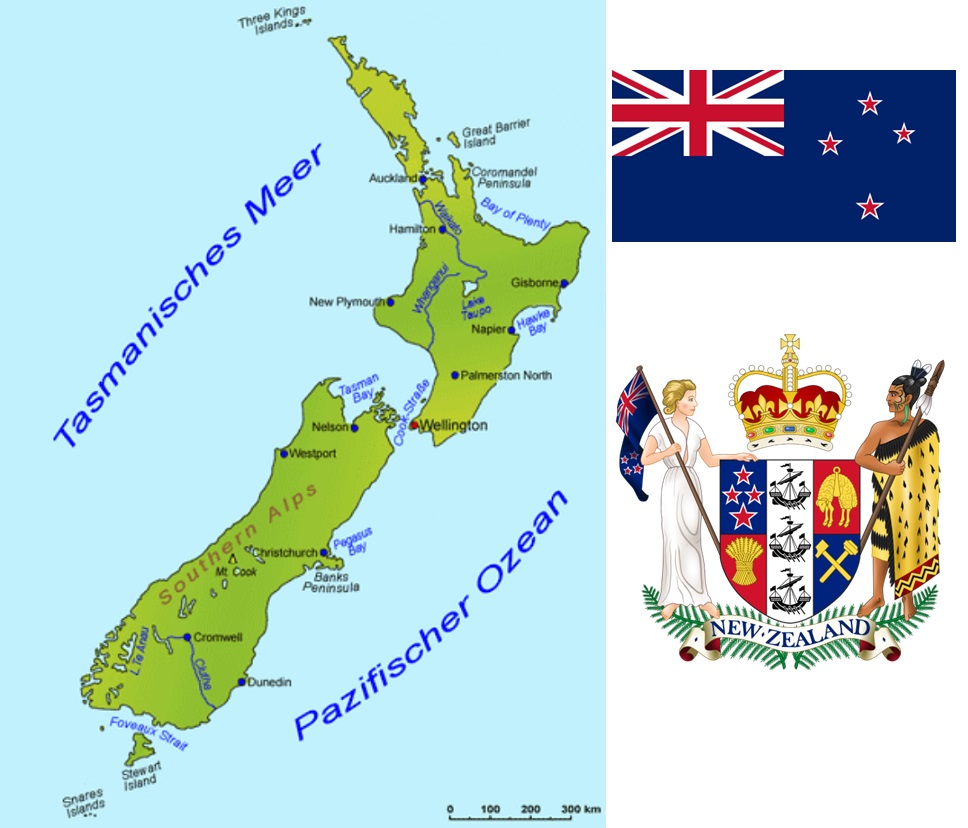 Neuseeland - Landkarte, Flagge und Wappen