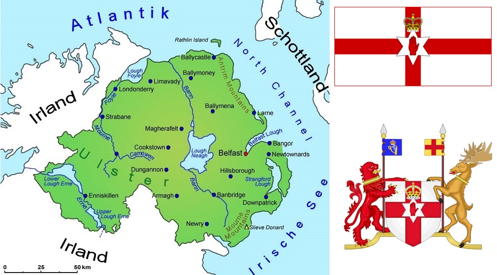 Nordirland - Landkarte, Flagge und Wappen