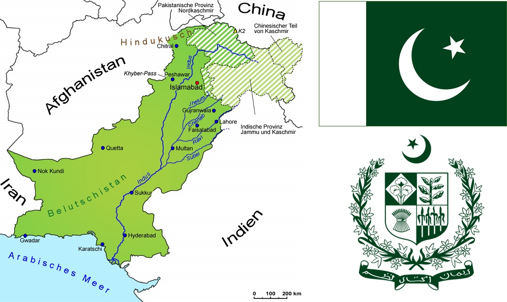 Pakistan - Landkarte, Flagge, Wappen