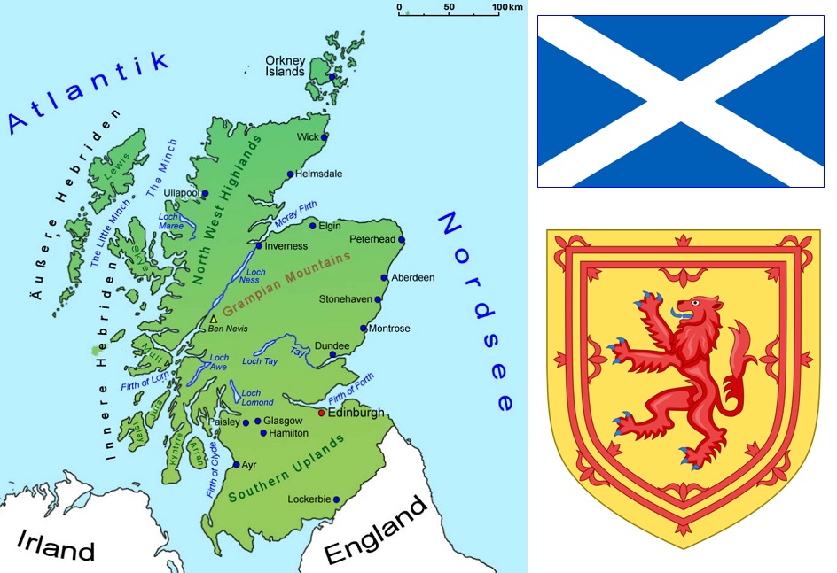 Schottland - Landkarte, Flagge und Wappen