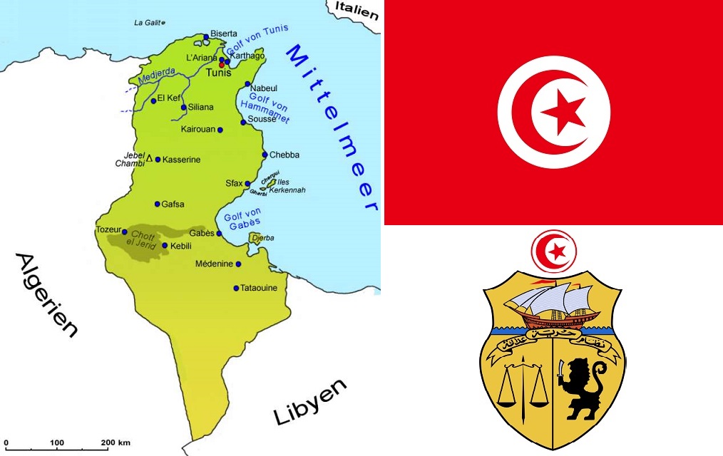 Tunesiern - Landkarte, Flagge, Wappen