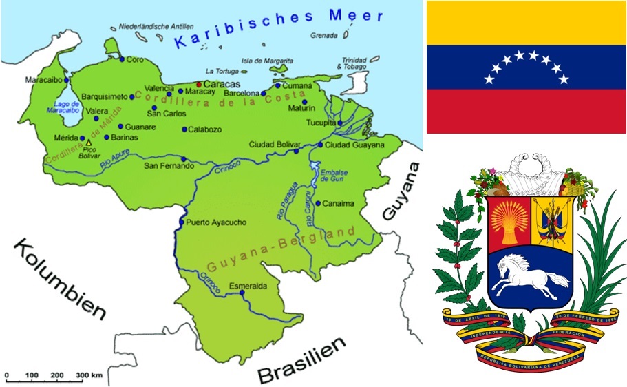 Venezuela - Landkarte, Flagge und Wappen