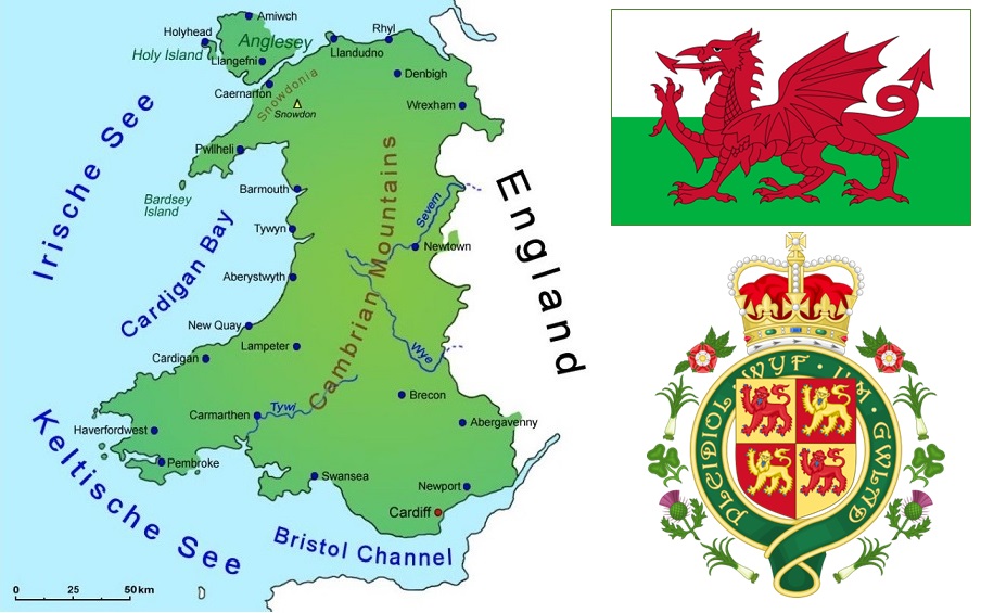 Wales - Landkarte, Flagge und Wappen