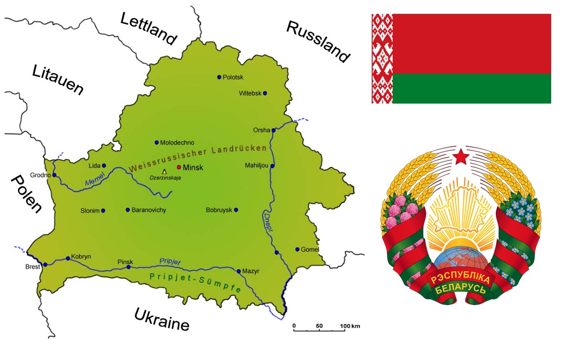 Weißrussland - Landkarte, Flagge und Wappen