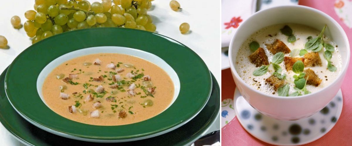 Weinsuppe - Suppenteller mit Trauben und Suppenschale mit Brotwürfeln